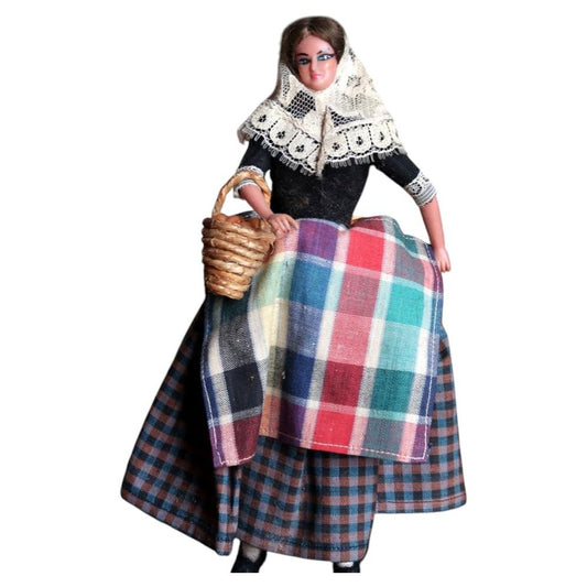 Vintage French costume doll 2C136 with lace headdress, checked apron and basket