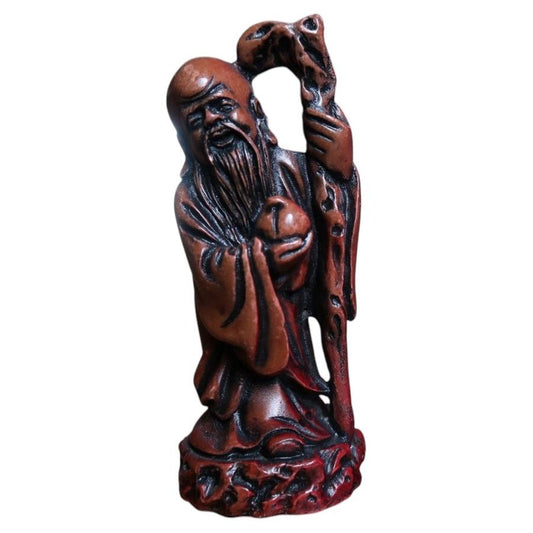 Shoulao resin figurine 2C139 with tall staff, peach and red-brown finish