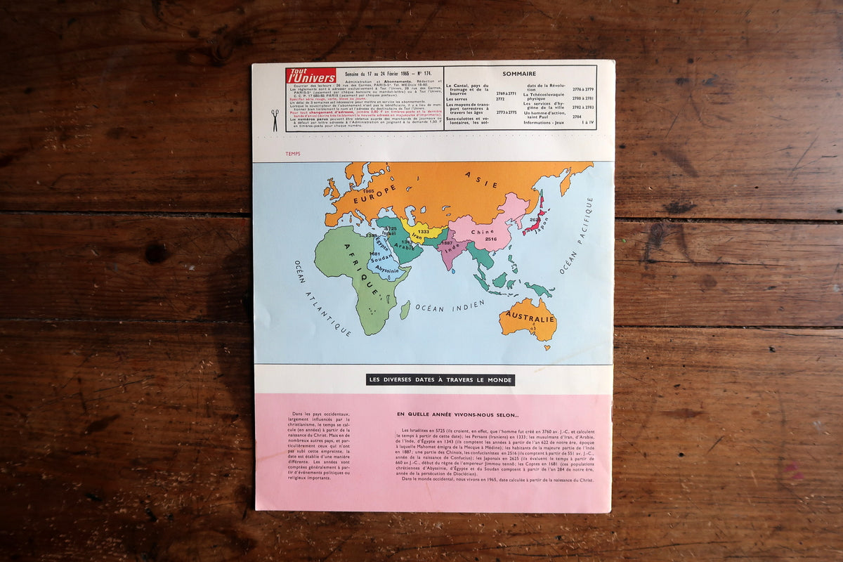 Back cover with colour calendar map and Les Diverses Dates à Travers le Monde.