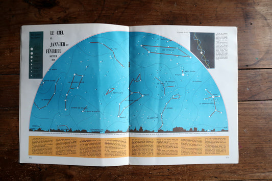 Turquoise winter star map titled Le Ciel en Janvier et Février, Secteur Est.