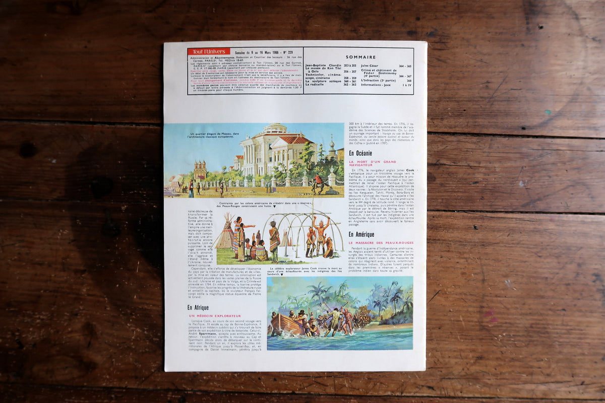 Back cover with historical illustrations and accounts concerning Oceania, America and Africa.