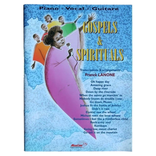 Gospels & Spirituals piano vocal guitar book with blue cover and illustrated singers in colourful robes.
