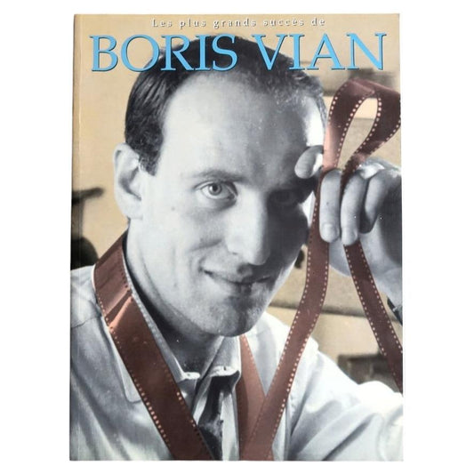 Low-angle Boris Vian songbook cover showing the portrait, filmstrip motif and white page edges.