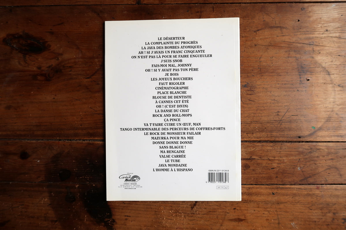 Open Boris Vian songbook showing the contents page and 1996 printing notice.