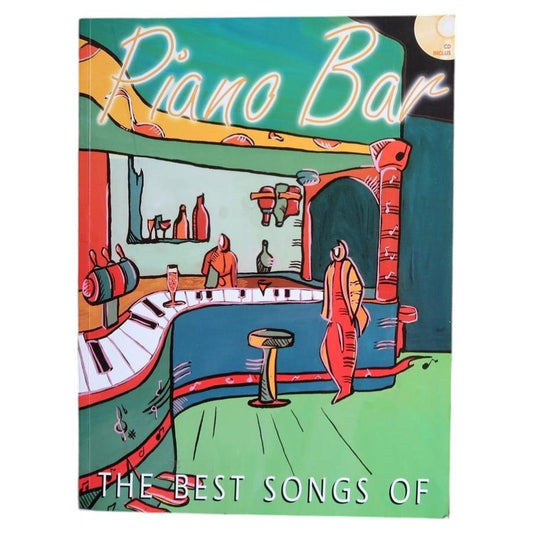 The Best Songs of Piano Bar green cover with illustrated keyboard-shaped bar, figures and CD inclus badge.