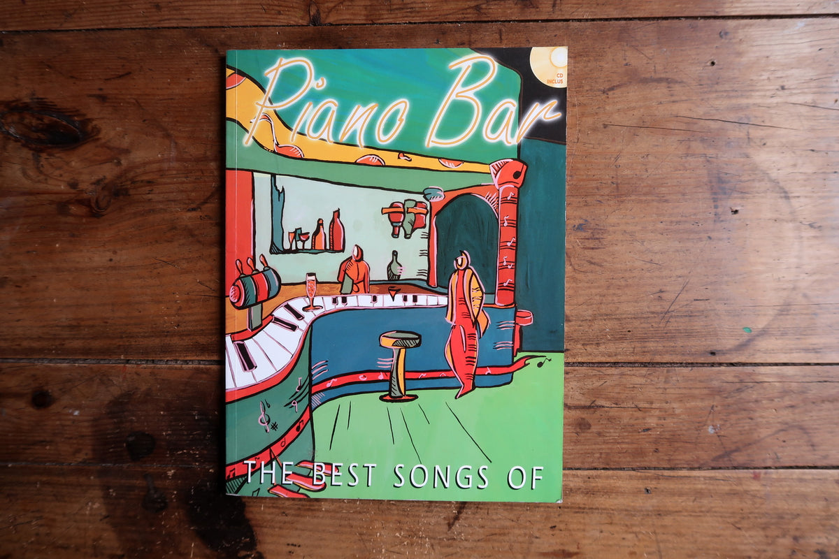 Full Piano Bar songbook cover with colourful lounge illustration and flowing title lettering.