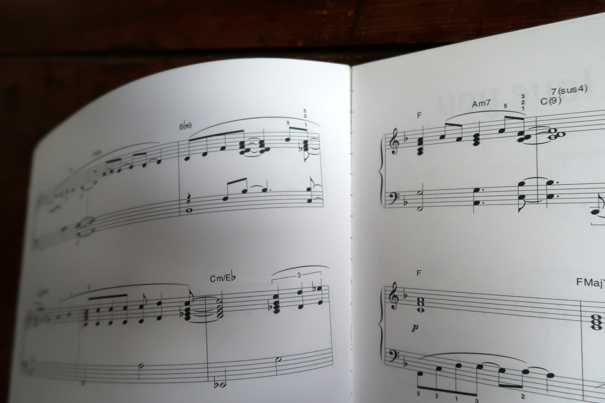 Close-up of piano notation with F, Am7 and C9 chord symbols and printed fingering numbers.