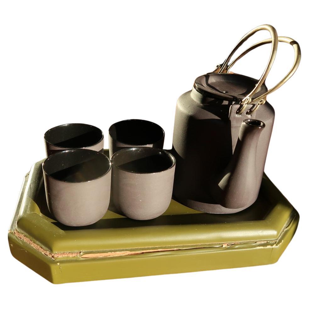 Vintage Vietnamese ceramic tea set with tray, Hanoi minimalist modern design