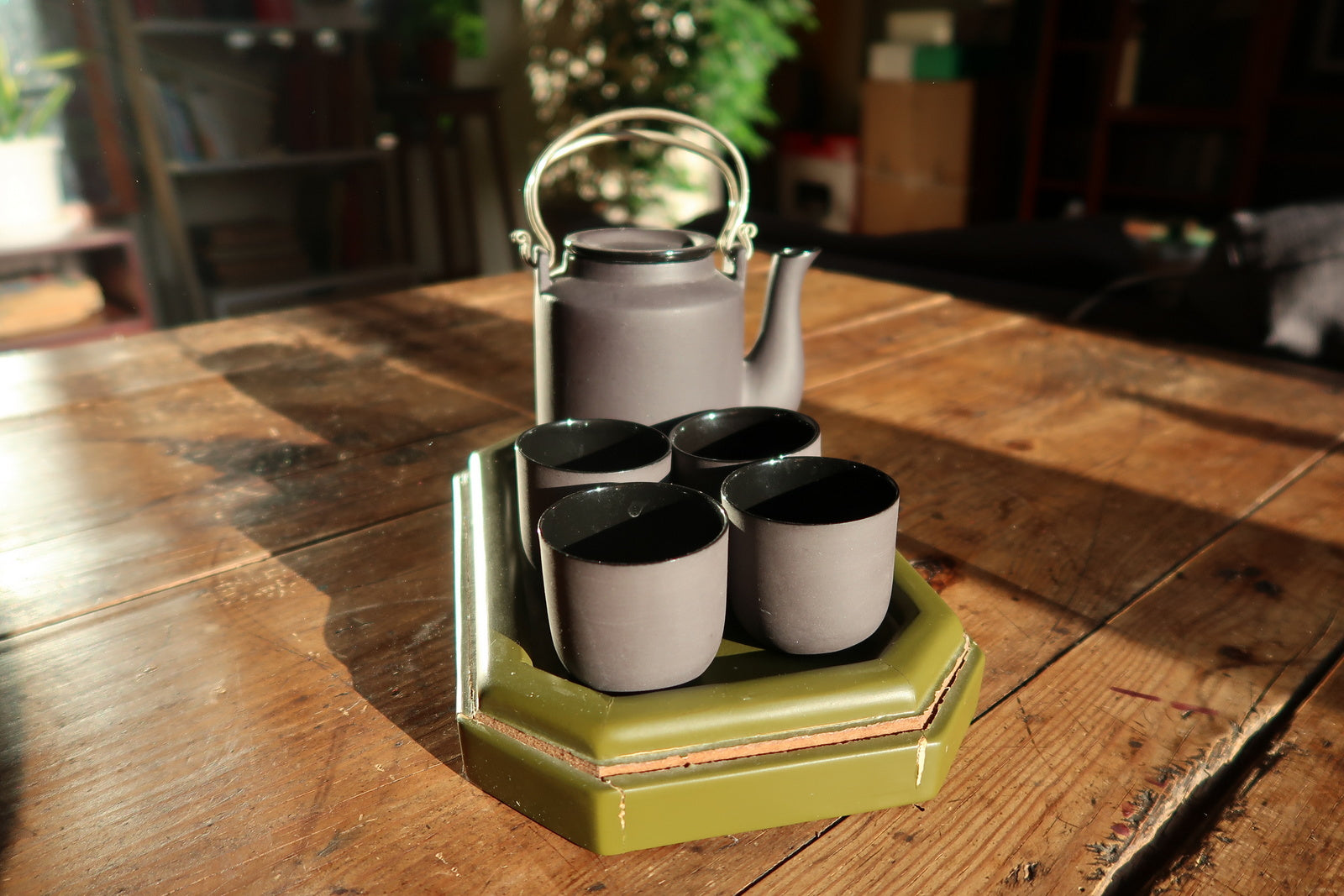 Vintage Hanoi ceramic tea set, minimalist design with matching serving tray
