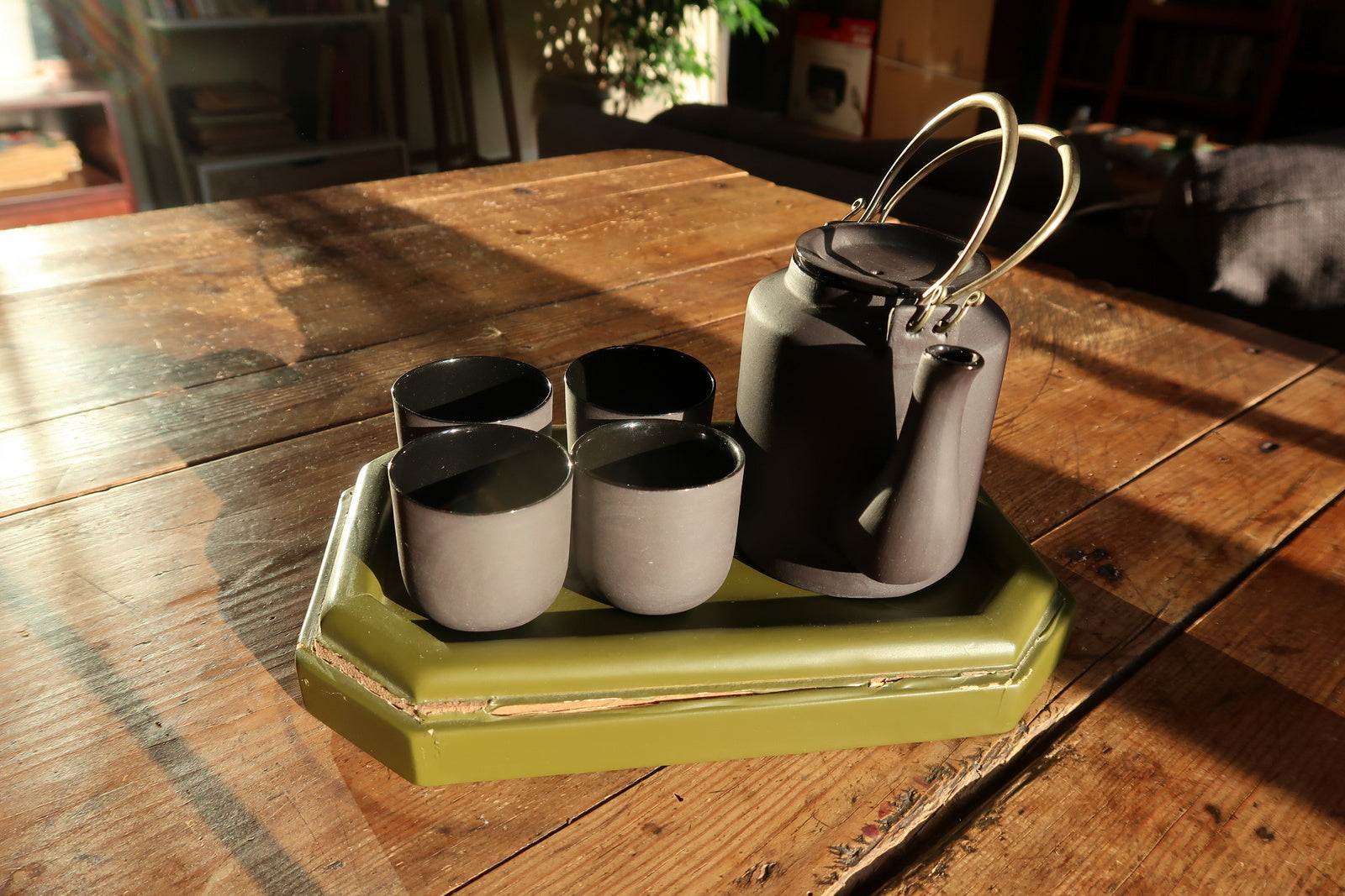 Vietnamese ceramic tea service set, modern minimalist style with teapot and cups