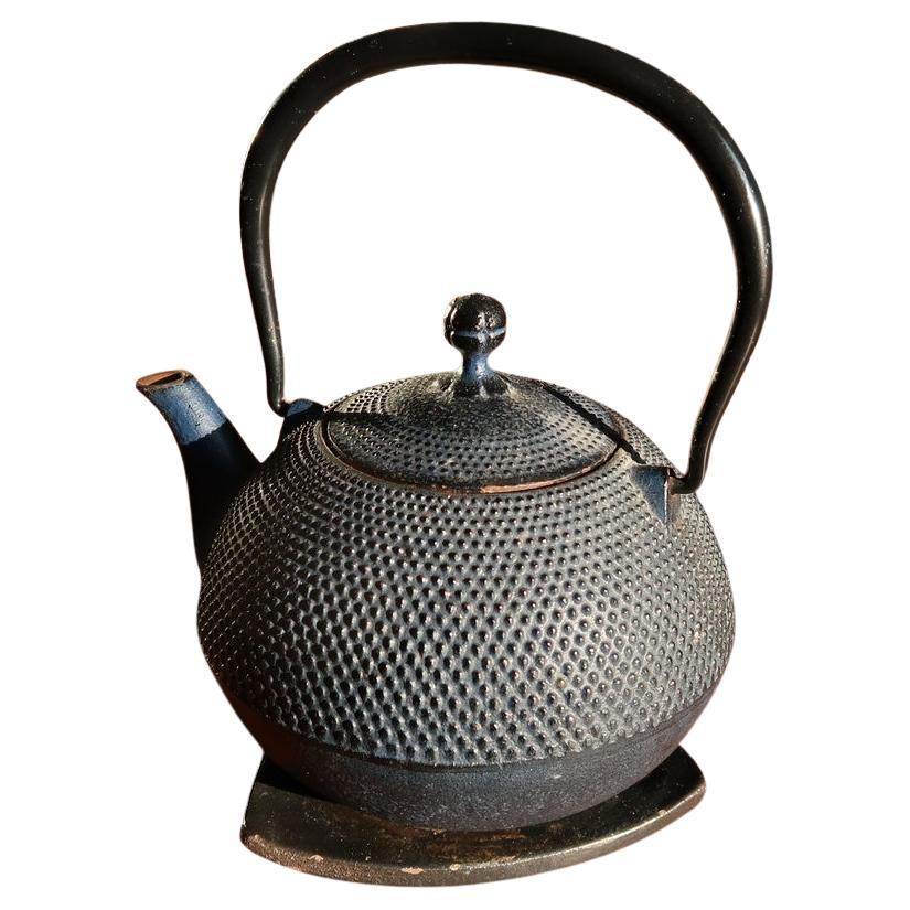 Vintage cast iron teapot with hobnail texture, Japanese tetsubin style design
