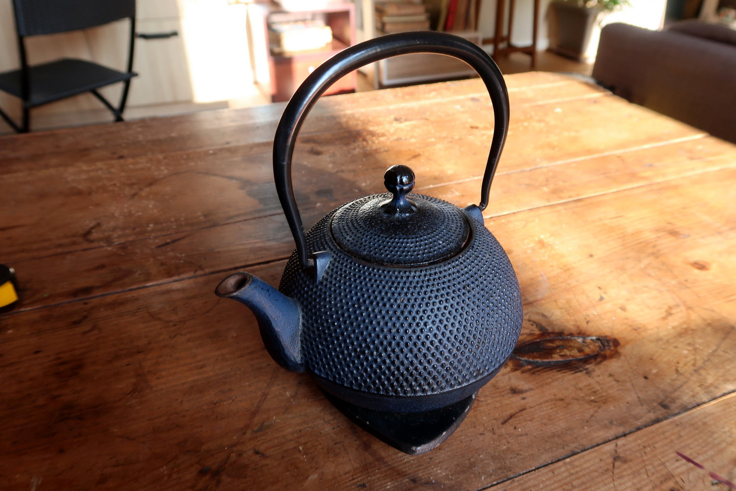 Cast iron teapot full view, traditional tetsubin inspired design with handle and spout