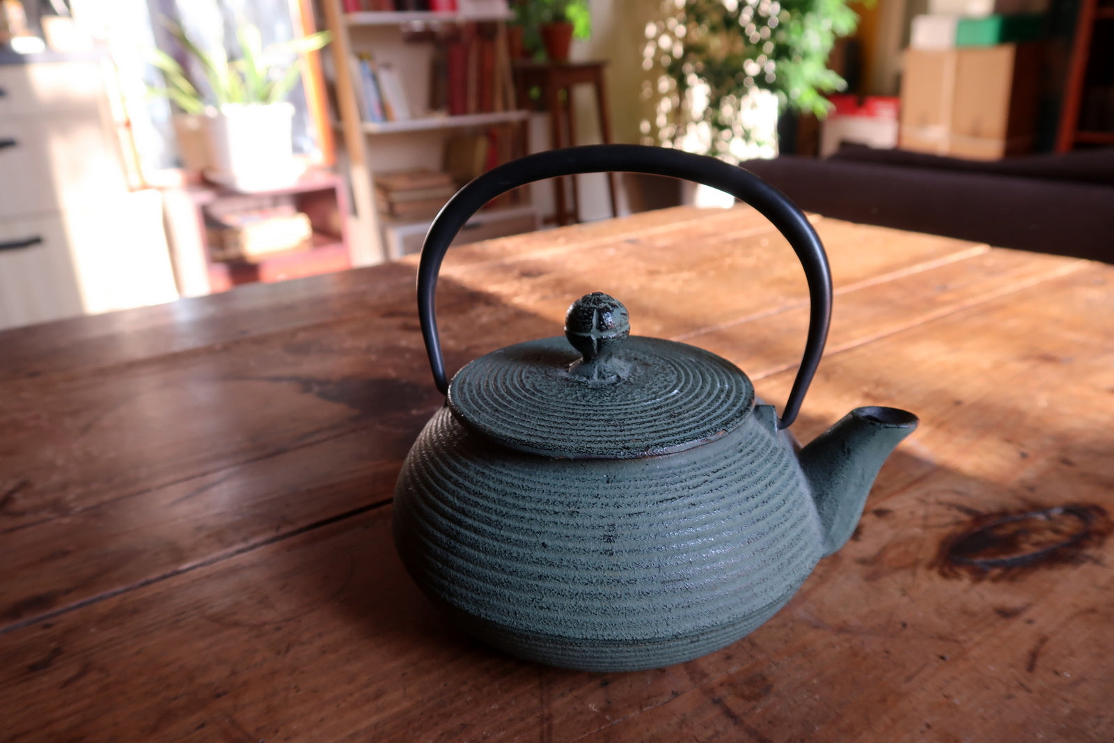 Japanese tetsubin style teapot in green, minimalist cast iron design