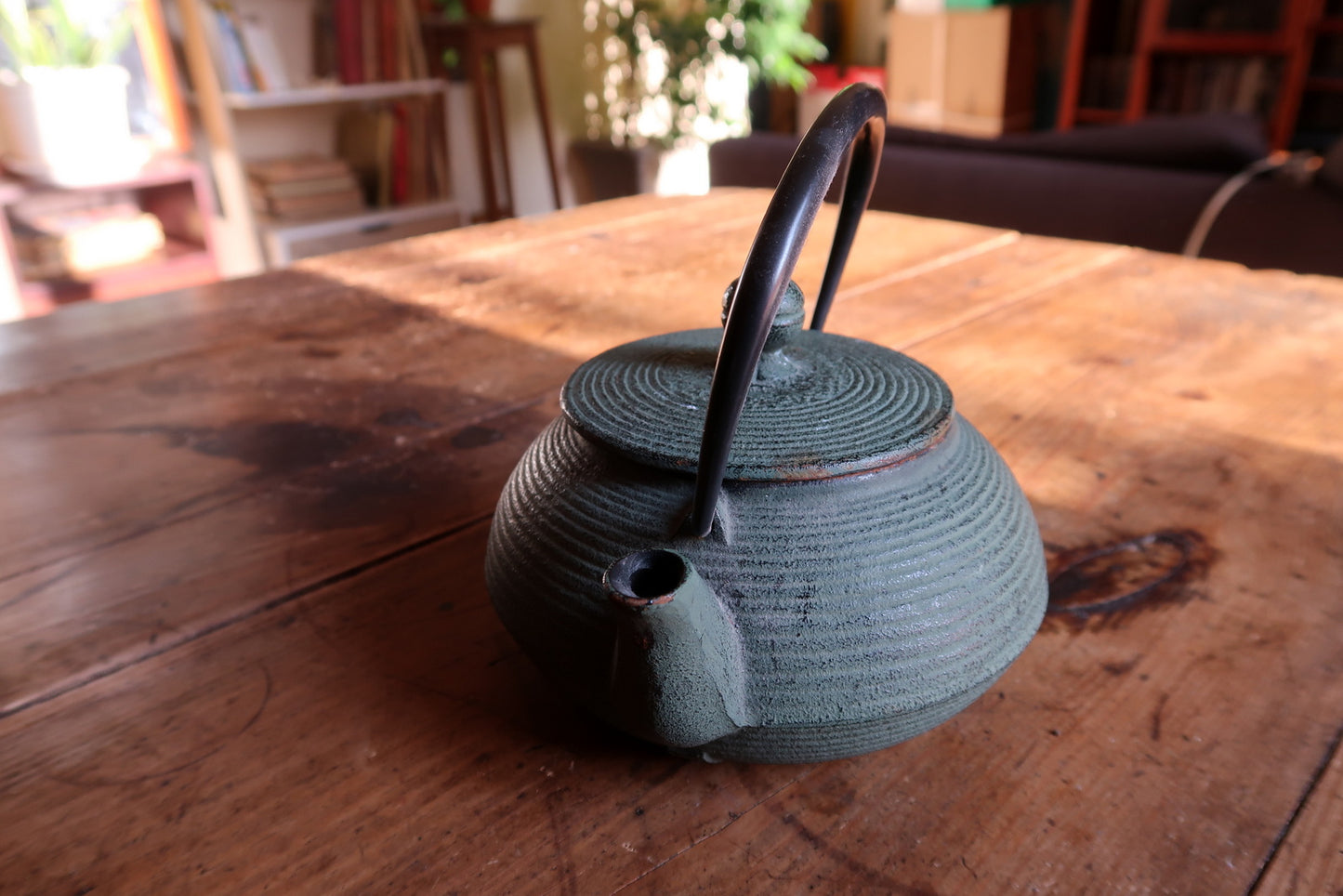 Vintage green iron teapot full view, clean lines and modern aesthetic