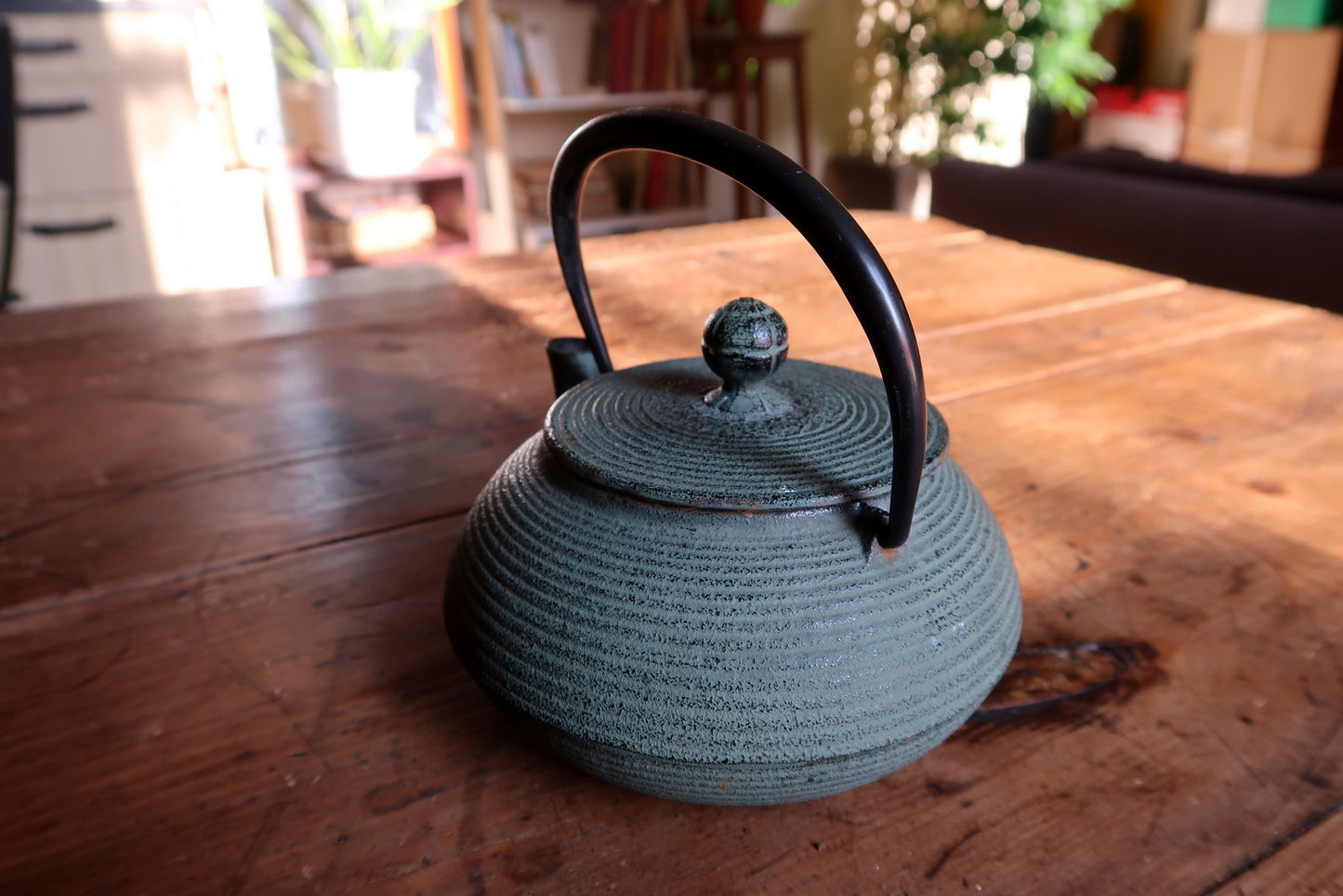 Green cast iron tea kettle, minimalist style with curved handle and spout