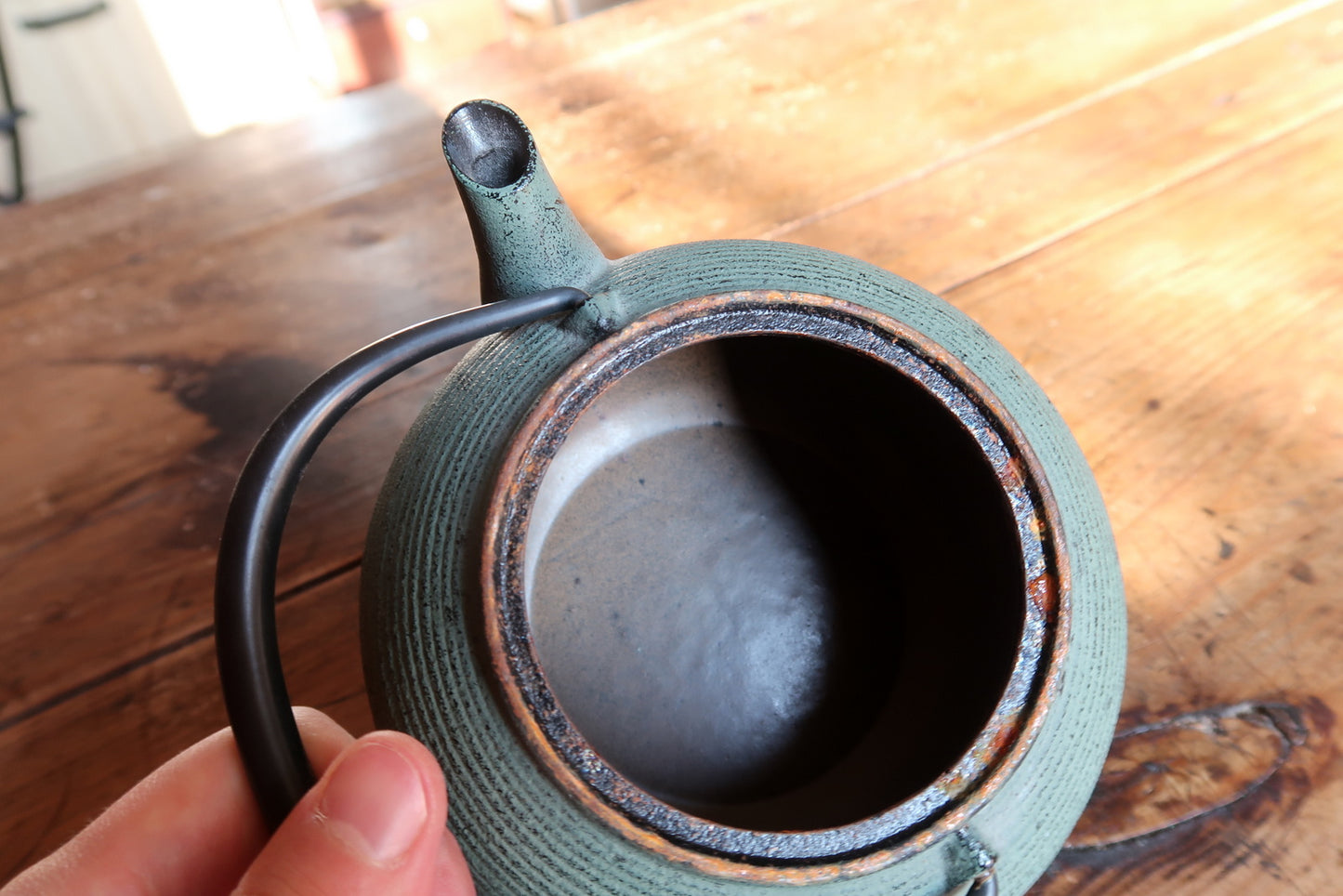 Vintage Japanese style teapot, green cast iron with subtle texture