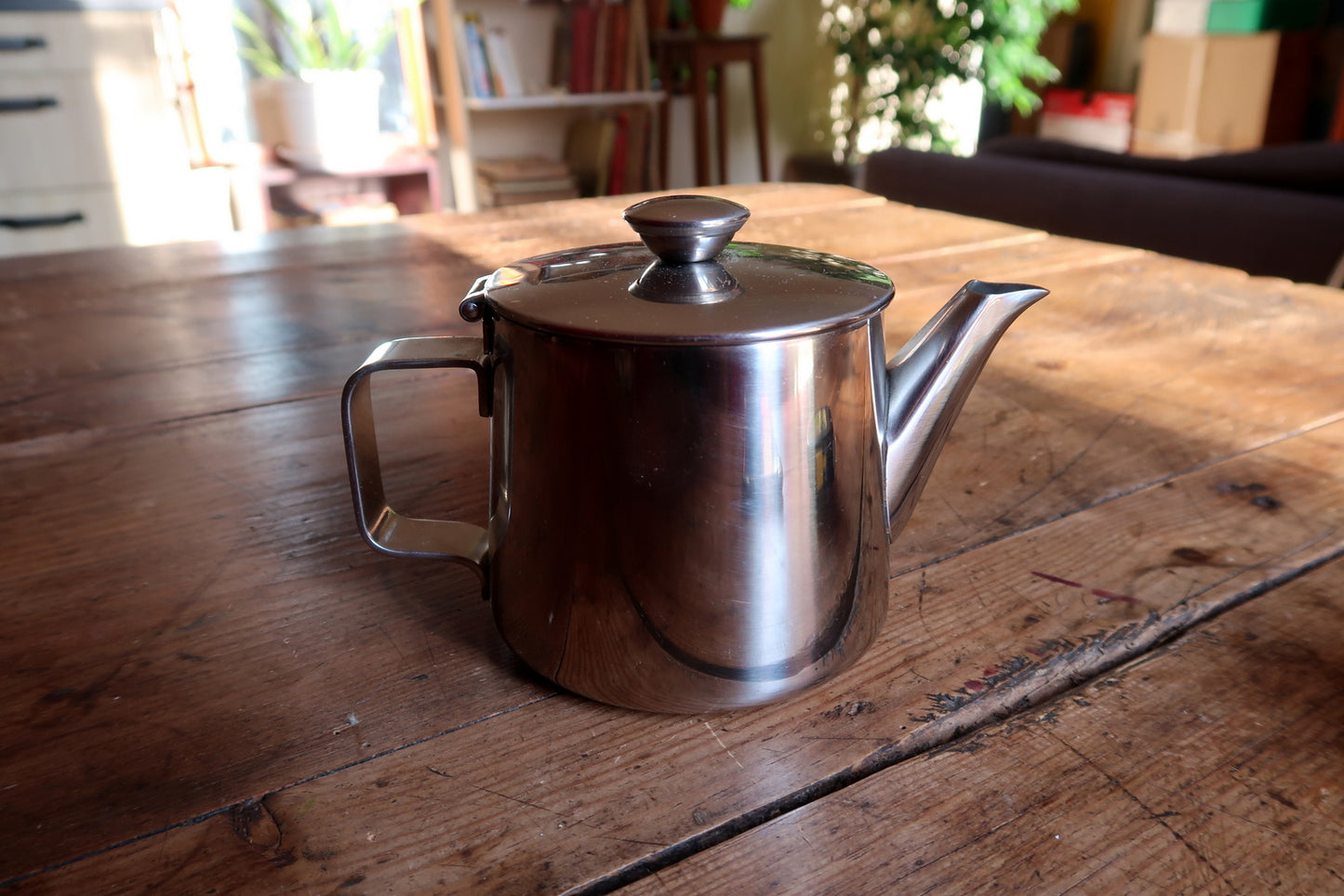 Vintage stainless steel teapot, sleek minimalist form in polished 18/10 steel