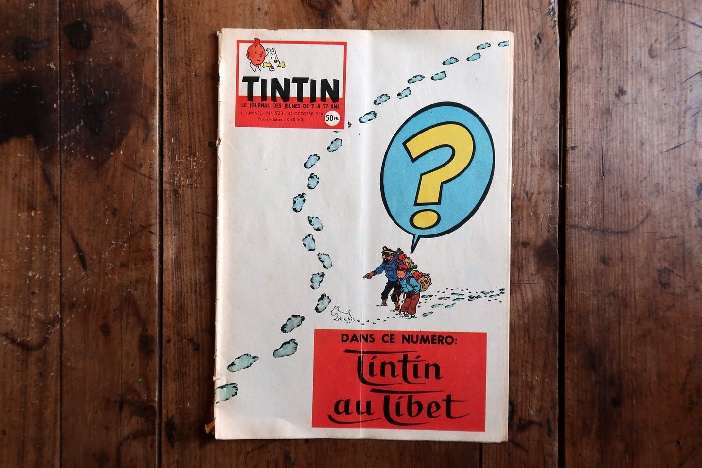 Vintage Tintin magazine full view, issue 523 with detailed illustrated cover