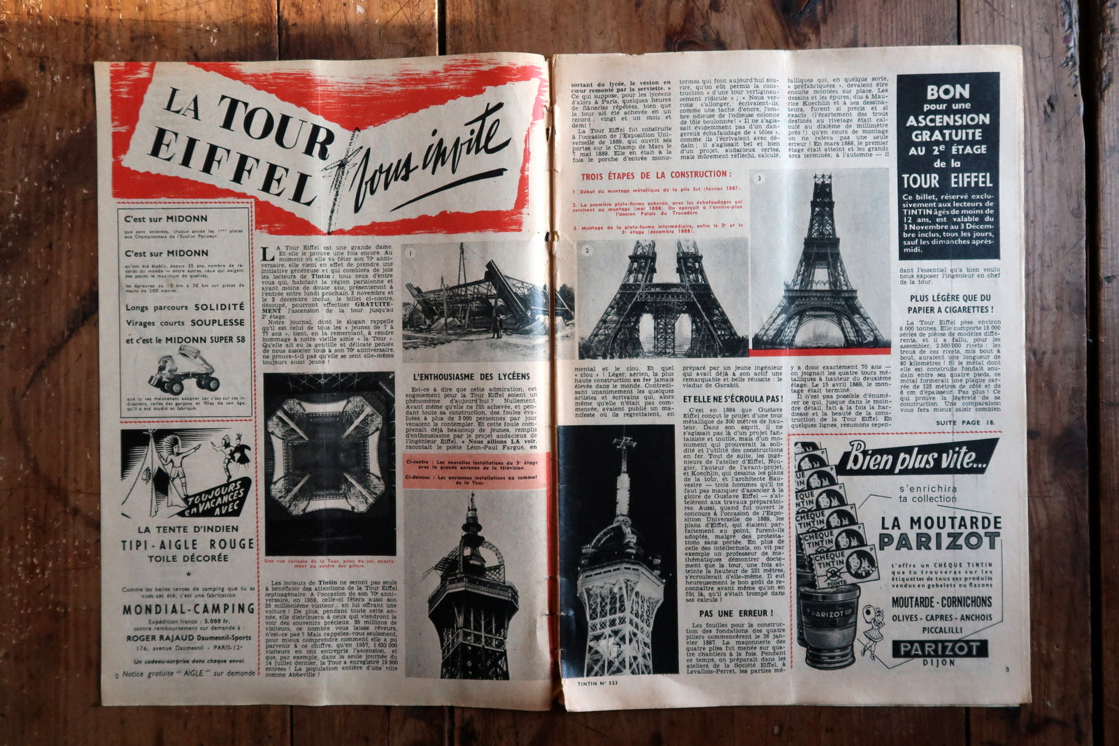 Le Journal de Tintin No 523 cover view, colorful 1958 comic artwork