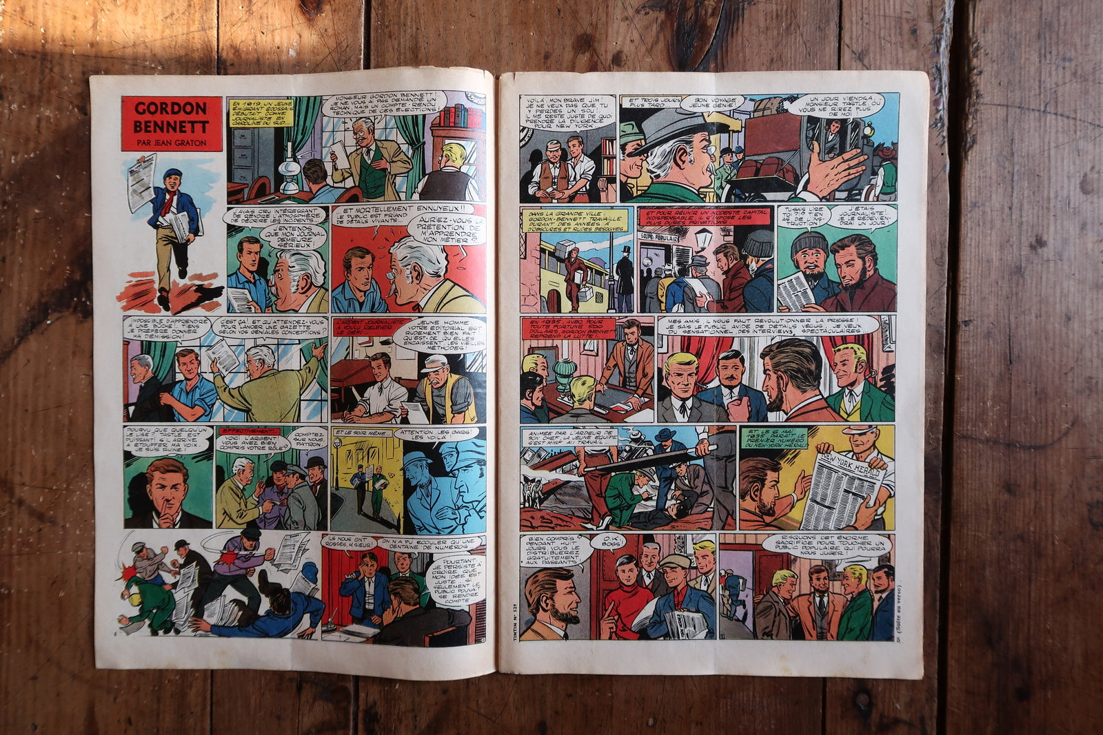 Tintin magazine close-up, showing aged paper texture and vintage print detail