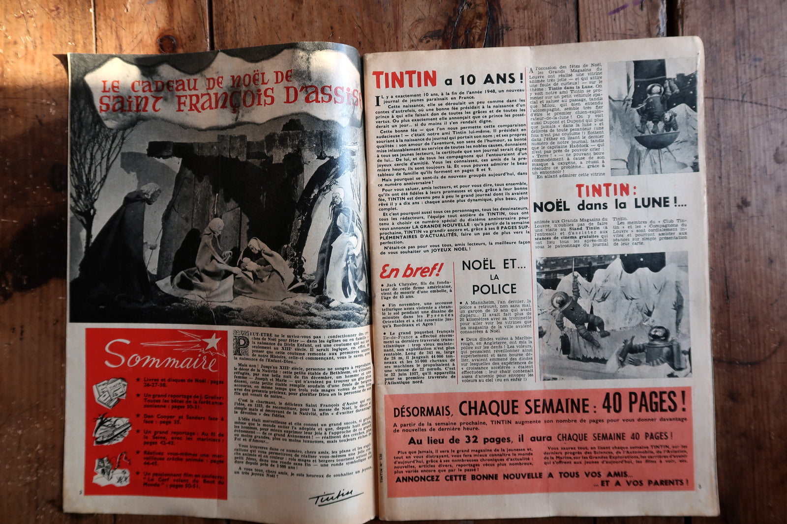 Tintin Christmas magazine close-up, showing aged paper and vintage print
