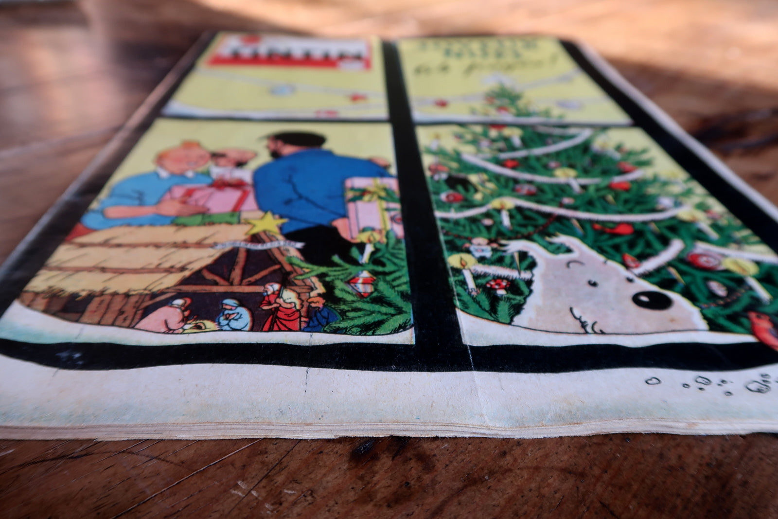 Antique Tintin magazine interior pages, black and white comic panels
