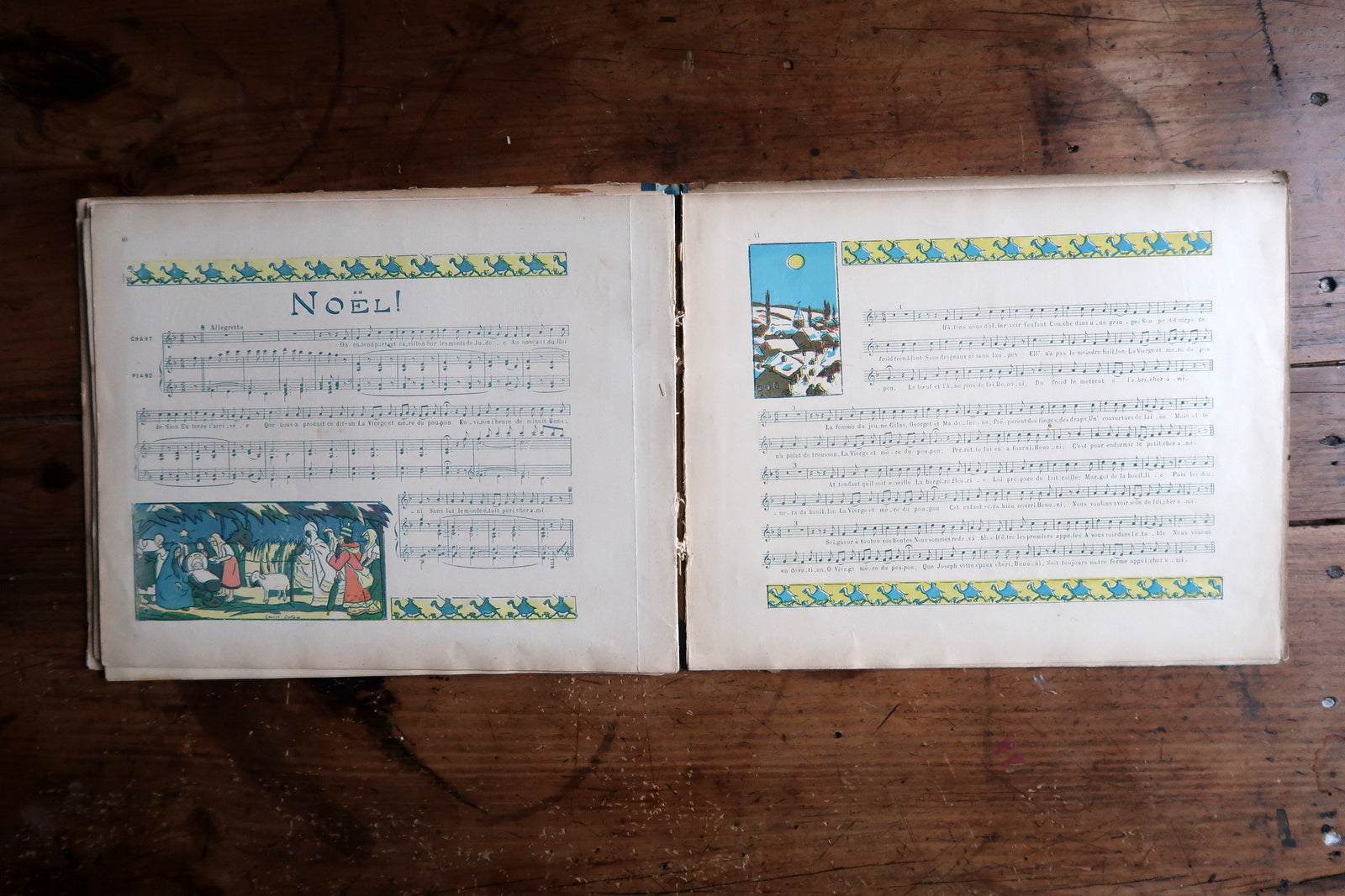 Antique French songbook corner detail, showing wear and paper aging