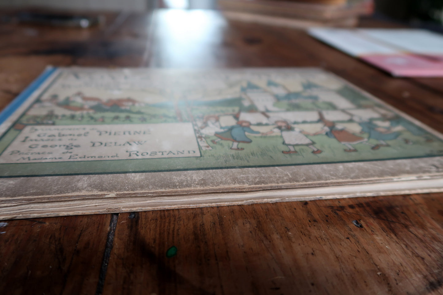 Illustrated children’s music book spine detail, vintage binding and title