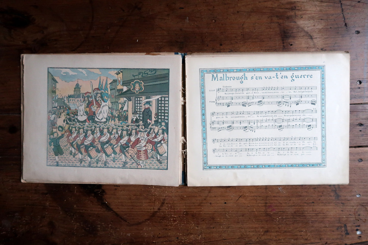 French children’s music book back cover, showing binding and aged patina