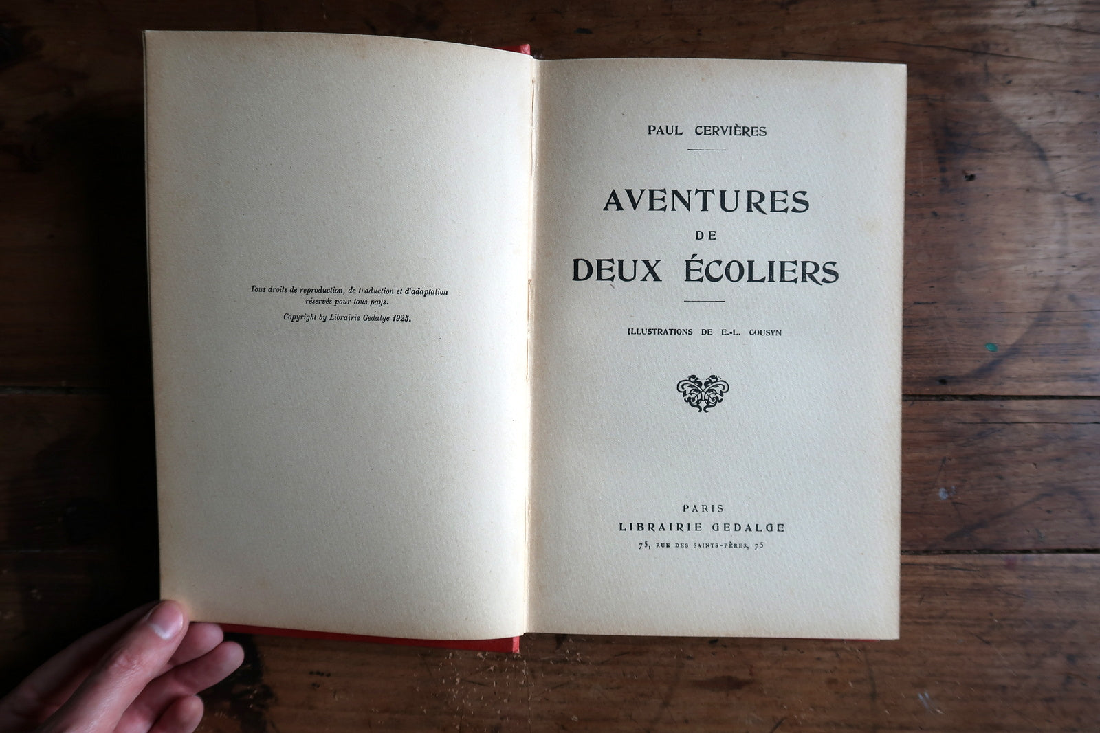 Vintage French book full view, Aventures de deux écoliers decorative cover