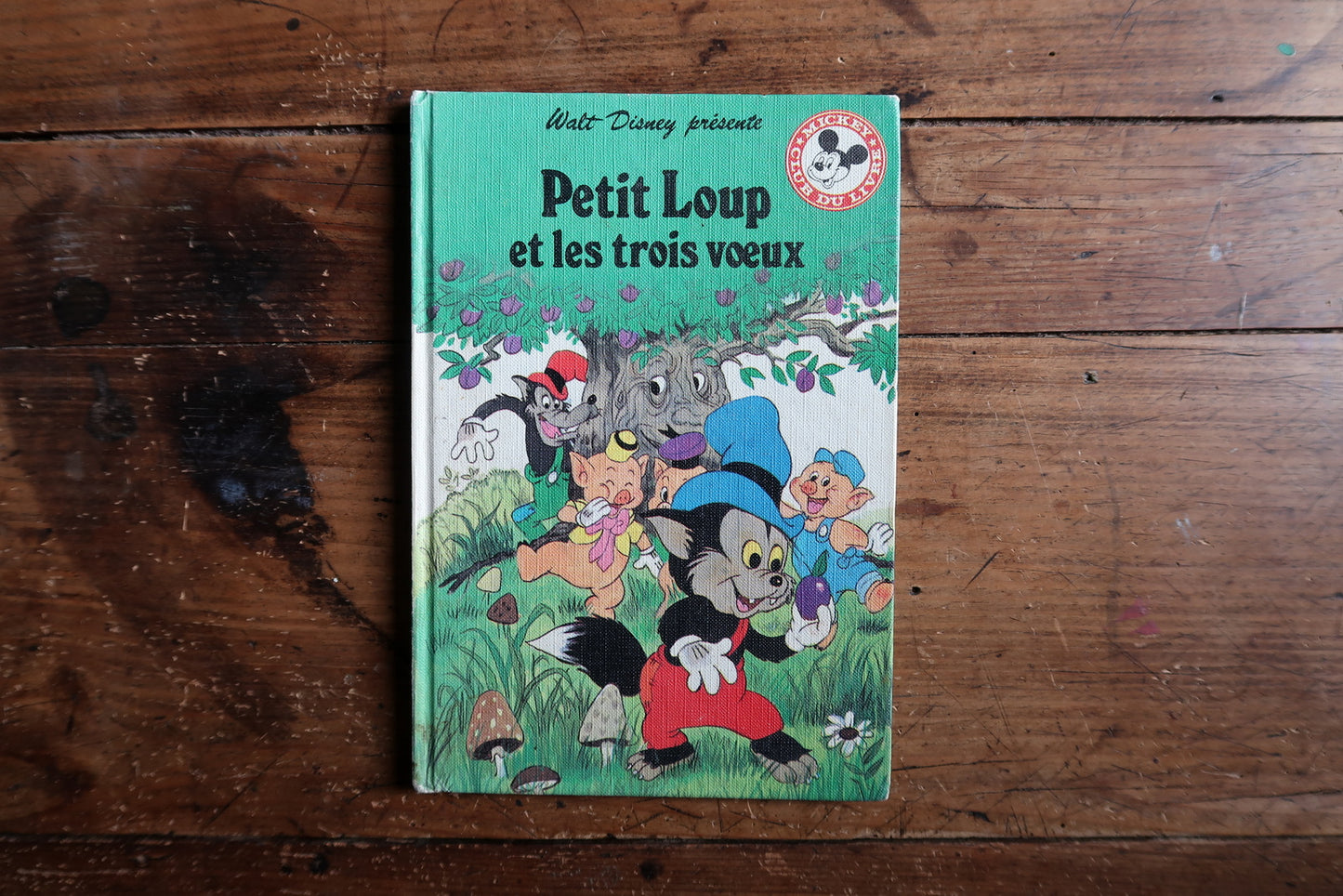 Vintage Disney children’s book close-up, showing bright illustrations and print