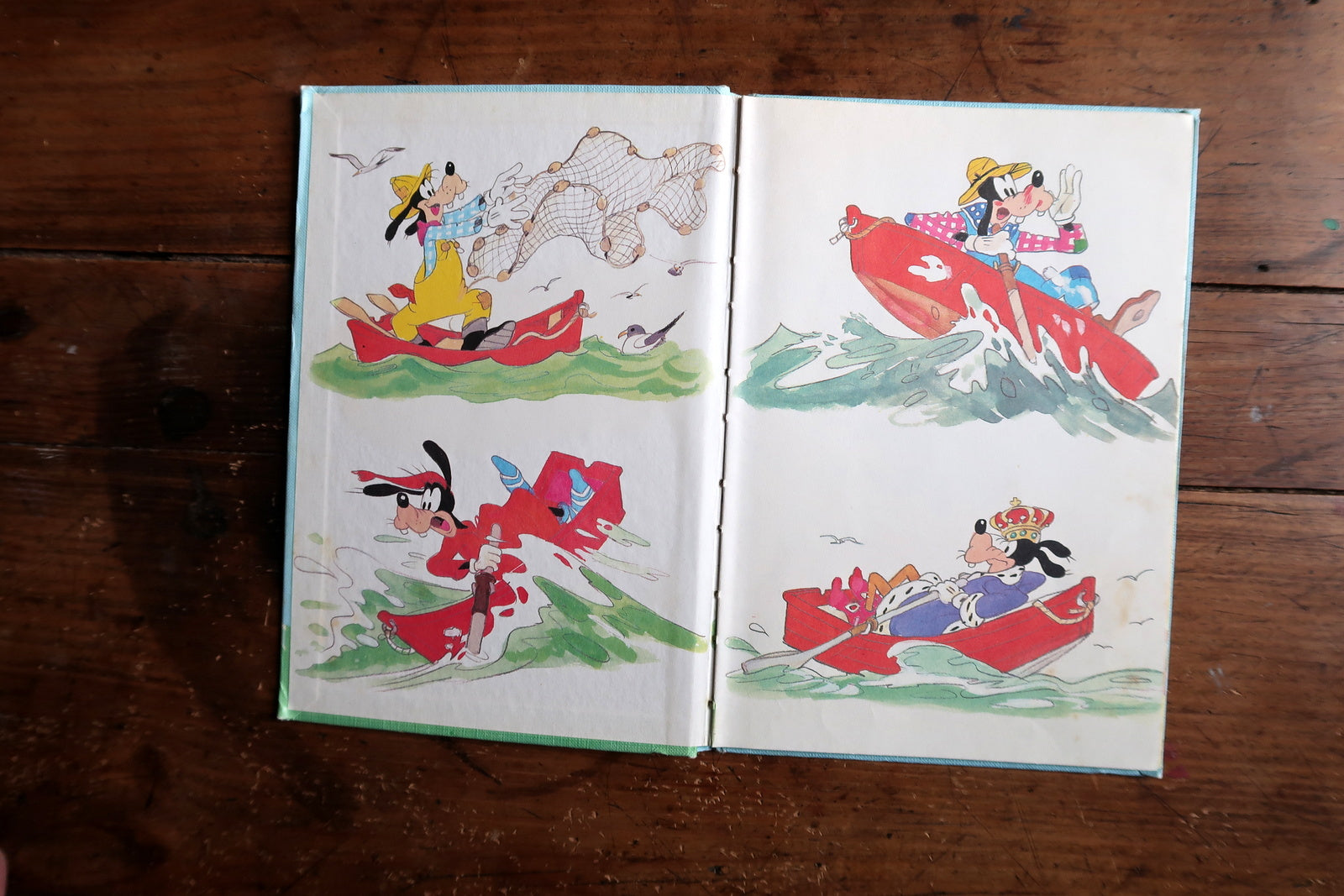 Vintage Disney book detail, Goofy fishing scene with vibrant colors