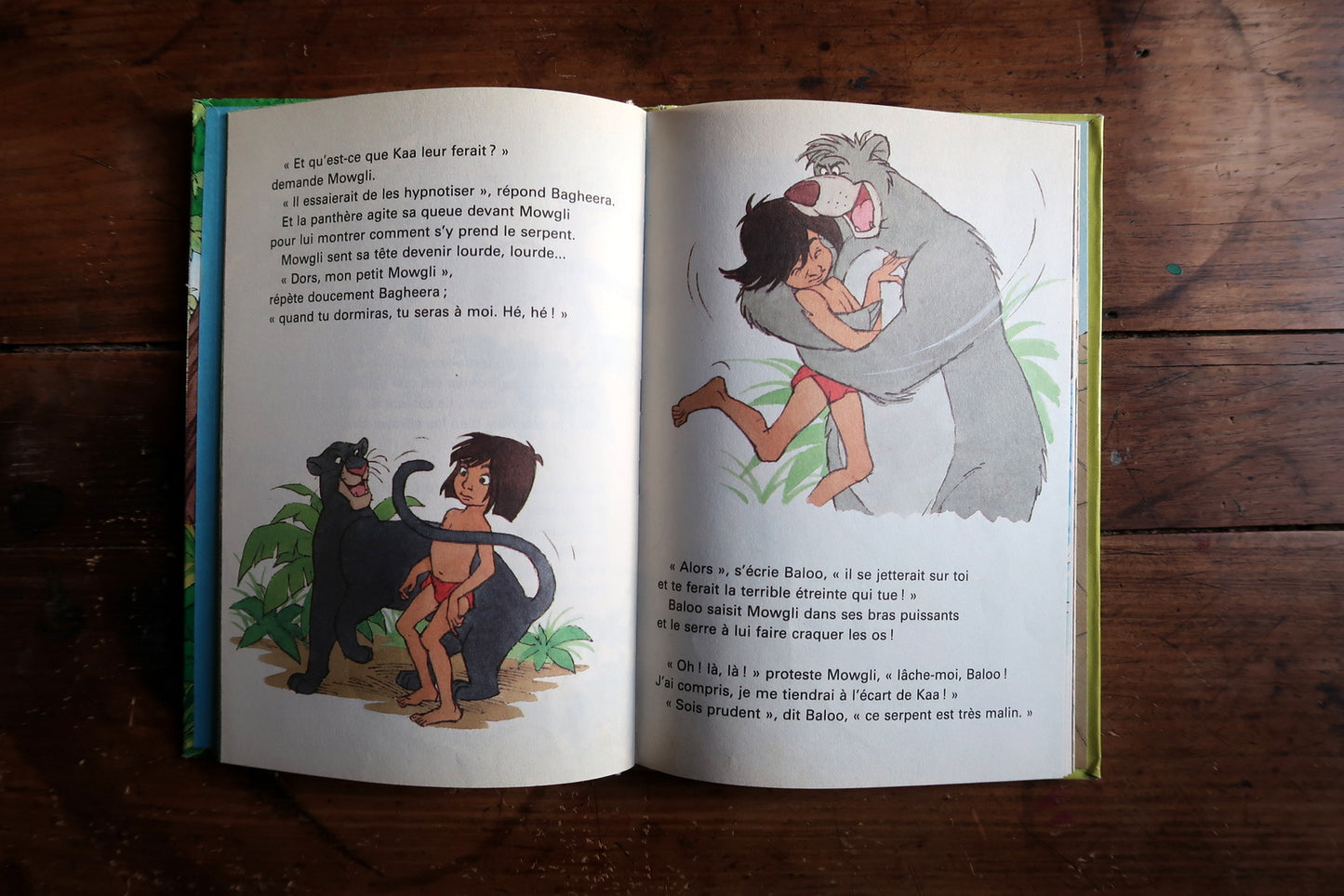 Vintage Disney book detail, Mowgli and Kaa jungle scene with vivid colors