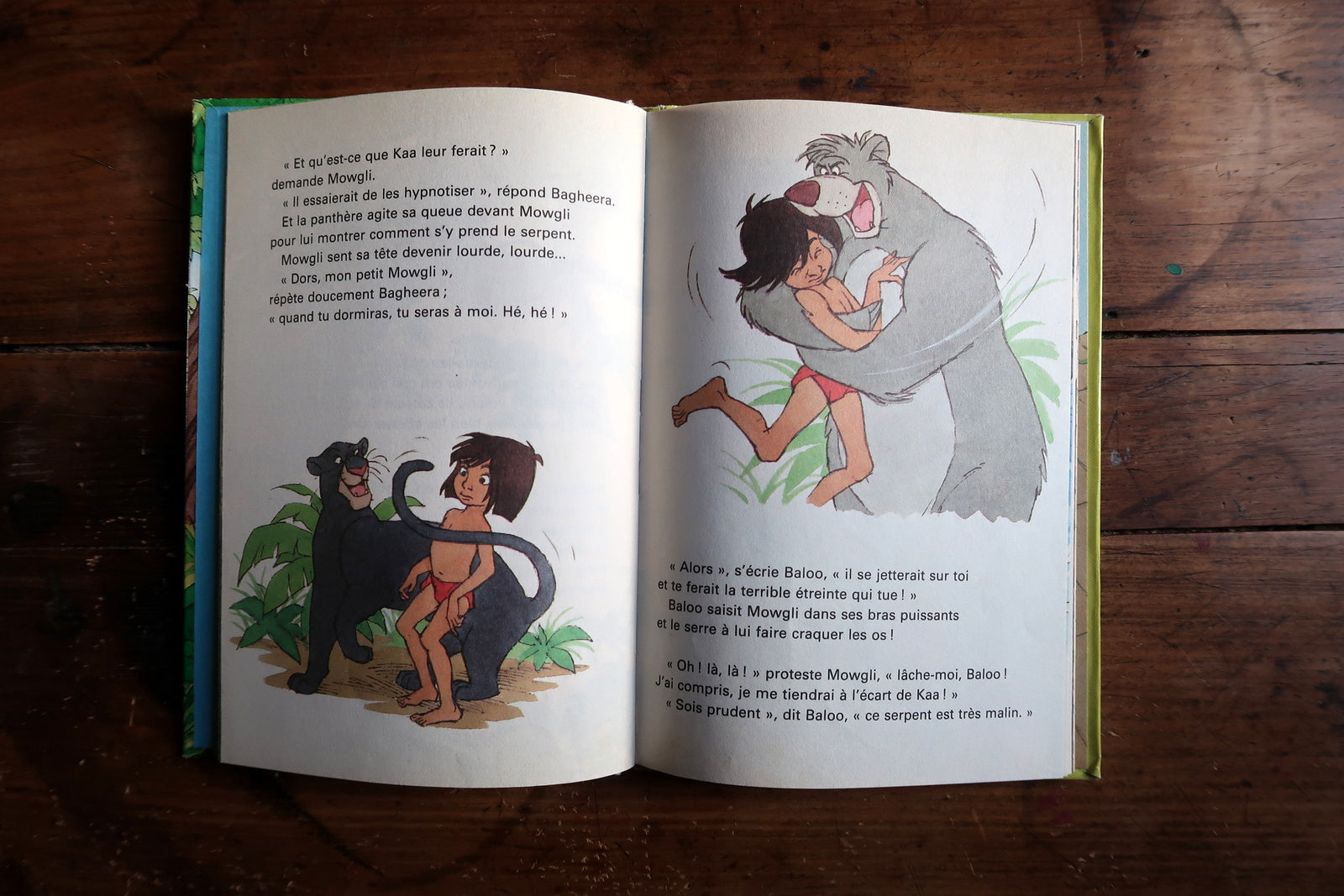 Vintage Disney book detail, Mowgli and Kaa jungle scene with vivid colors