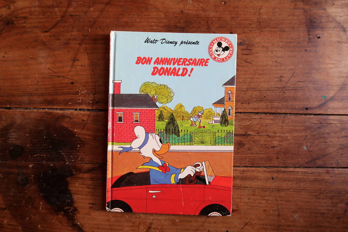 Vintage Disney children’s book close-up, Donald Duck birthday artwork