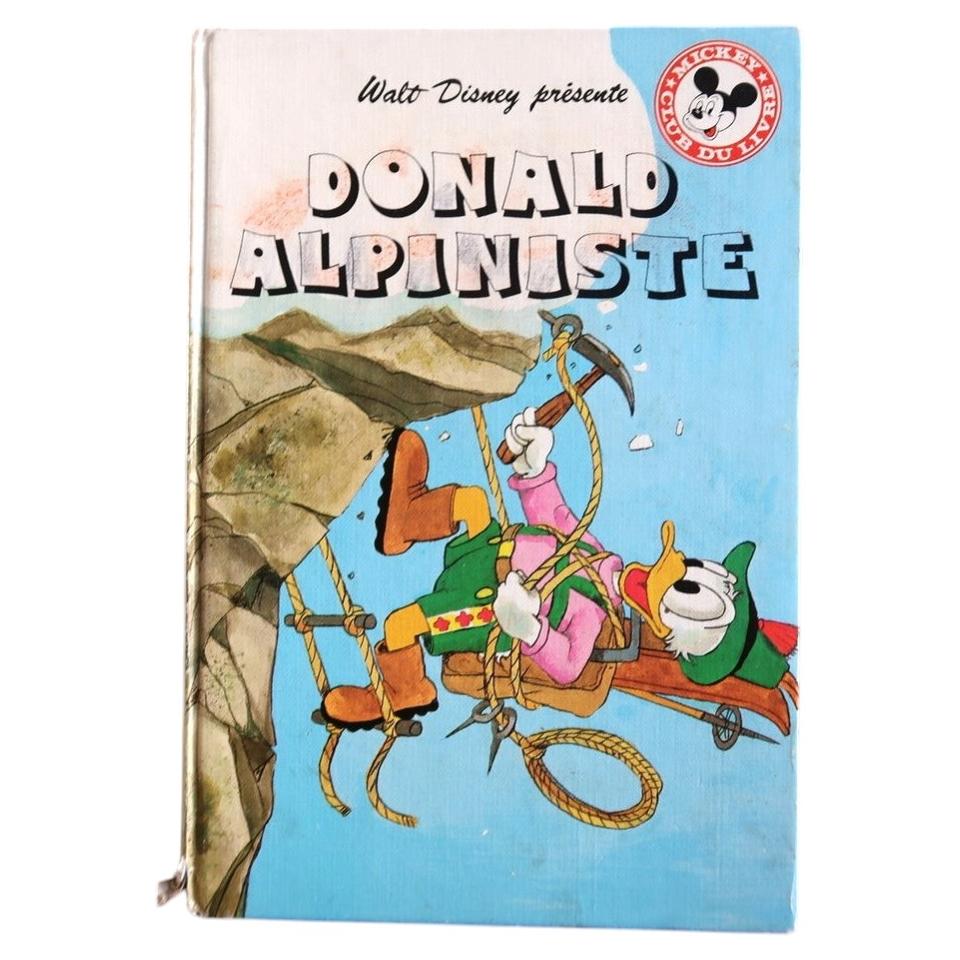 Vintage Walt Disney illustrated children's book Donald Alpiniste published in Paris 1980, hardcover with light blue cover showing Donald Duck in mountain scenery, 9.4 x 6.7 x 0.4 inches.

