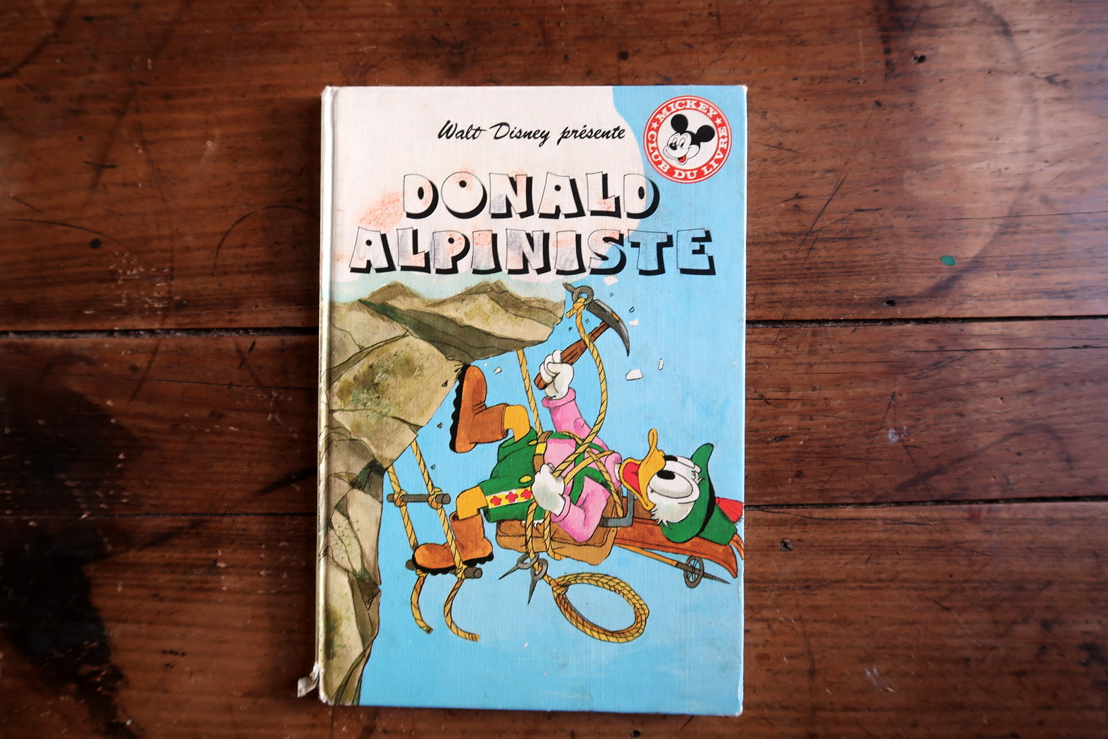 Vintage French Disney book Donald Alpiniste from 1980, hardcover 36 pages with full-color illustrations throughout, light wear to edges and corners consistent with age.

