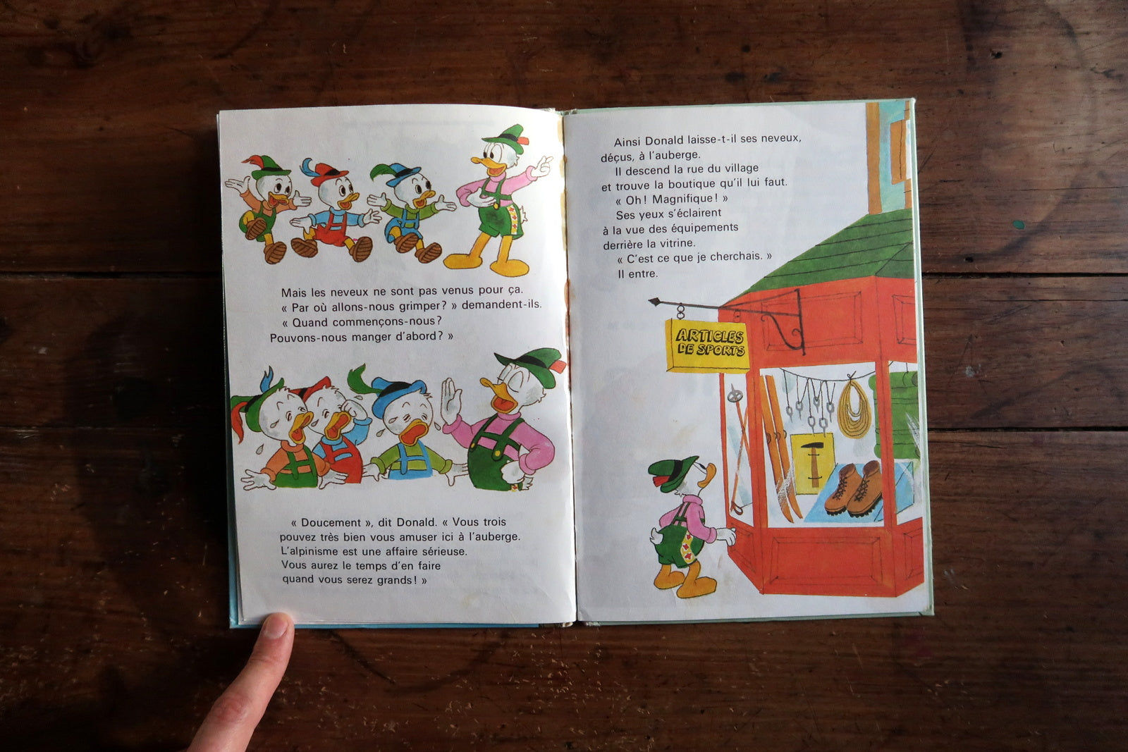 Front cover close-up of vintage 1980 Disney book Donald Alpiniste featuring Donald Duck, his nephews, and Goofy on a snowy alpine adventure with colorful illustrations.

