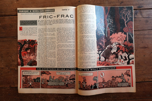 Front cover close-up of original 1959 Tintin magazine issue 555 showing strong graphic design with cinema-themed illustration and strong reds, blues, and yellows.

