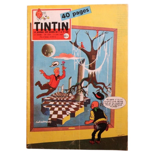 Vintage Tintin magazine No. 554 from June 1959, French comic journal published by Le Lombard, featuring surrealist-inspired cover with dreamlike scene, geometric perspective, and floating elements.

