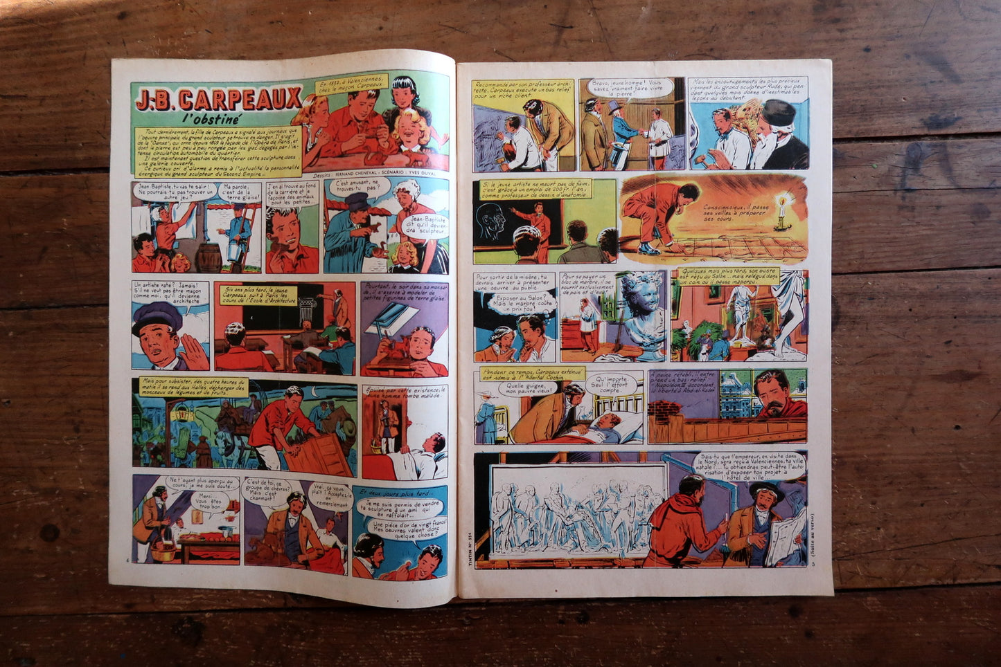 Interior page spread from vintage Tintin magazine issue 554 June 1959 showing illustrated biographical story about J.B. Carpeaux in black and white.

