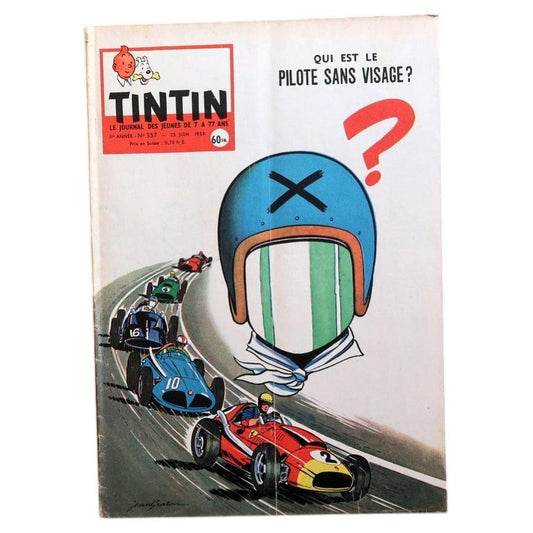 Front cover of vintage Tintin magazine No. 557 from June 1959 featuring a dynamic racing-themed illustration with vintage Formula-style cars and a "faceless pilot" concept.

