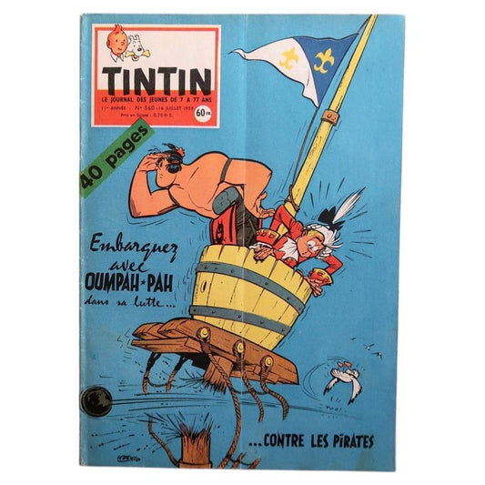 Front cover of vintage Tintin magazine No. 560 from July 16, 1959 featuring a lively Oumpah-Pah themed illustration with a dynamic, humorous pirate scene and bold colors.

