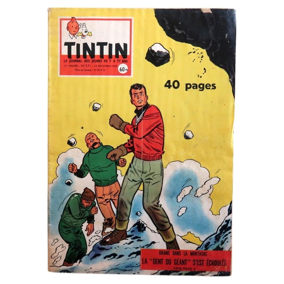 Front cover of vintage Tintin magazine No. 531 from December 25, 1958 featuring a bold, dramatic mountain rescue and avalanche-themed cover with strong action composition and vivid colors.

