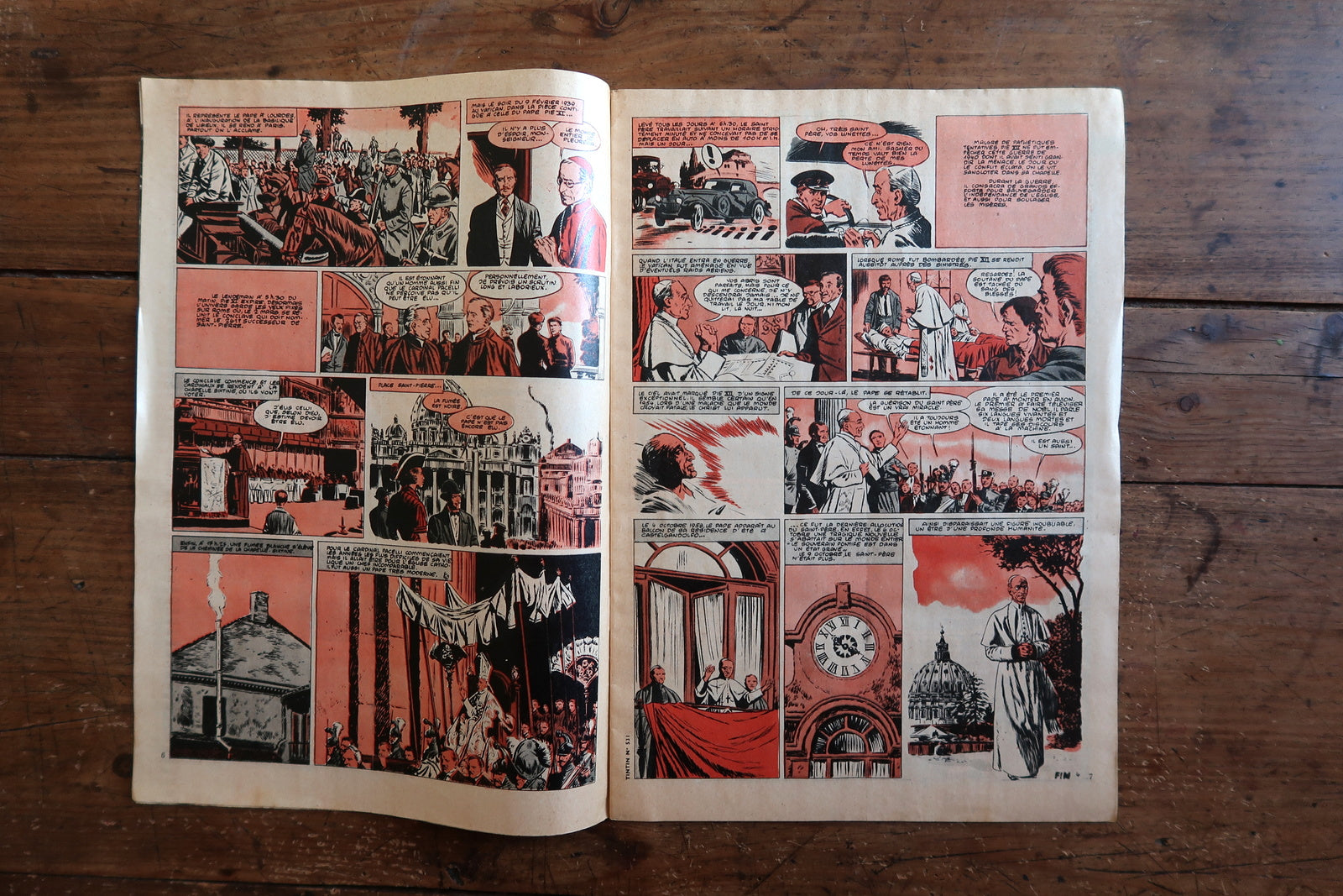 Open view of vintage Tintin magazine No. 531 showing interior comic strips, historical features, and period articles typical of late 1950s Tintin publications.

