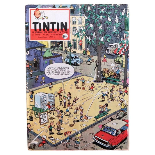 Front cover of original Tintin magazine No. 562 from July 30, 1959, Le Journal de Tintin, featuring a vibrant lively street scene with charming period detail and the iconic Tintin header.

