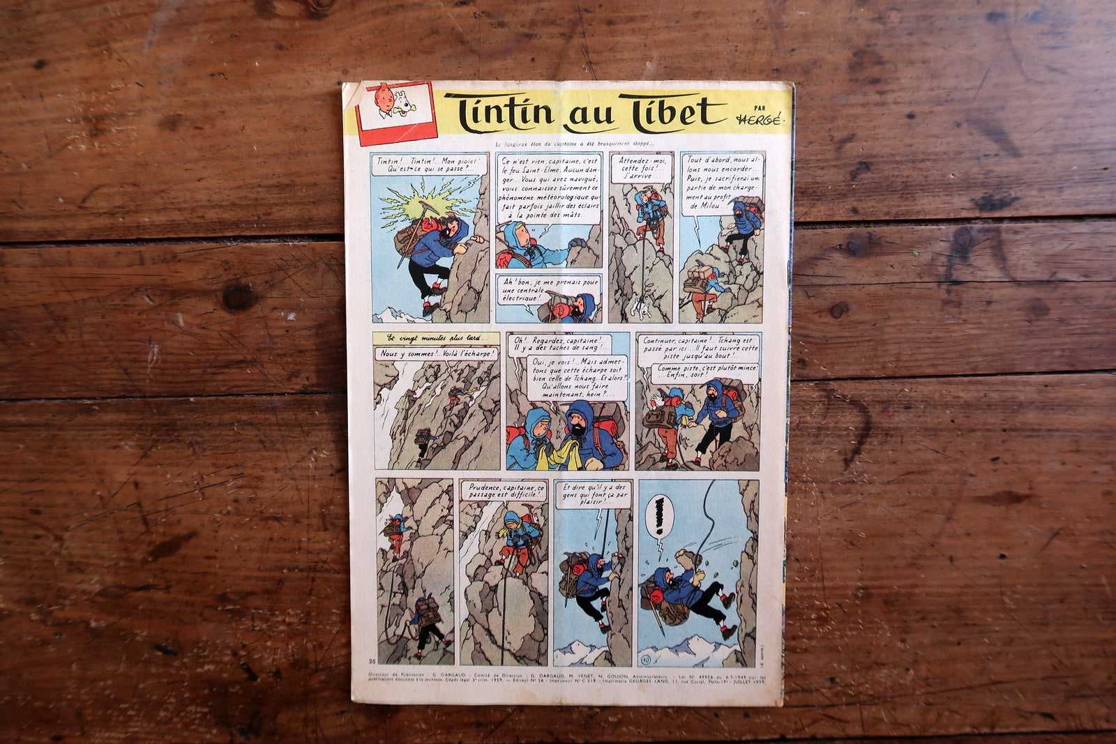 Collectible 1959 Le Journal de Tintin magazine from the golden age of European comics, featuring a vibrant cover illustration and interior pages including Tintin au Tibet.

