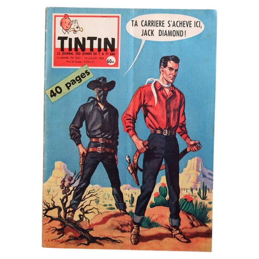 Front cover of original Tintin magazine No. 561 from July 23, 1959, Le Journal de Tintin, featuring a dramatic Western-style scene with bold colors and the headline "Ta carrière s'achève ici, Jack Diamond!"

