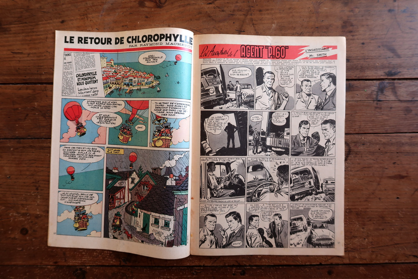 Open view of original Tintin magazine No. 561 showing interior comic strips including Chlorophylle and Dan Cooper, plus games, advertisements, and editorial content from 1959.

