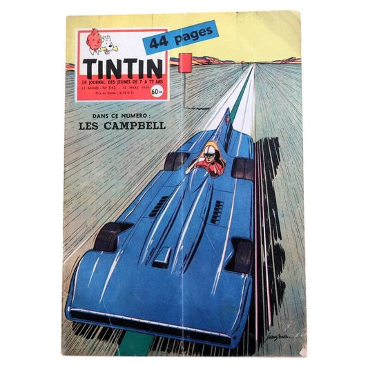 Front cover of original Tintin magazine No. 542 from March 12, 1959, Le Journal de Tintin, illustrated by Jean Graton, featuring a dynamic futuristic high-speed racing car in motion representing mid-century fascination with speed and technology.

